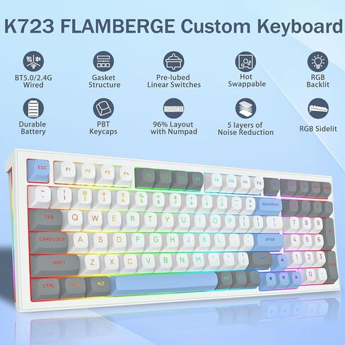 Redragon K723 لوحة مفاتيح ألعاب ميكانيكية لاسلكية ، مفاتيح خطية ساخرة قابلة للتبديل مسبقًا ، تصميم حشية ، بلوتوث/2.4 جيجا هرتز/USB-C ، صوت كريمي ، خلفية RGB للكمبيوتر الشخصي/Mac/PS/Xbox ، أبيض رمادي in Kuwait