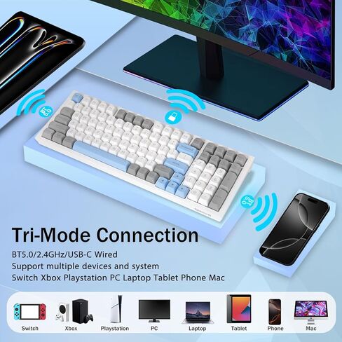Redragon K723 لوحة مفاتيح ألعاب ميكانيكية لاسلكية ، مفاتيح خطية ساخرة قابلة للتبديل مسبقًا ، تصميم حشية ، بلوتوث/2.4 جيجا هرتز/USB-C ، صوت كريمي ، خلفية RGB للكمبيوتر الشخصي/Mac/PS/Xbox ، أبيض رمادي in Kuwait