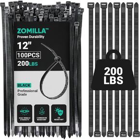Zip Ties 12 Inch, Zomilla Cable Ties With 200 LBS Tensile Strength, 100 PCS Heavy Duty Zip Ties For Outdoor & Indoor Use, Extra Strong Self-Locking Zipties, UV Resistant Nylon Cable Tie - Black in Saudi Arabia