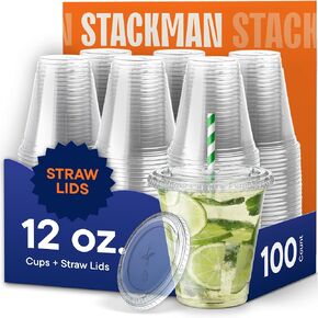 24 oz Clear Plastic Cups with Straw-Slot Lids [100 Sets] PET Crystal Clear Disposable 24oz Plastic Cups with Lids - Crystal Clear, Durable Cup. BPA Free + Crack Resistant, for Coffee, Juice, Shakes in Saudi Arabia