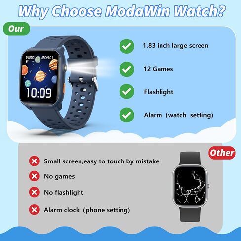 Watch Smart Watch مع 12 ألعاب ألغاز ، 1.83 بوصة متتبع اللياقة البدنية شاهد معدل نوم ضربات نوم ، عداد الخطى ، المنبه ، المصباح ، هدية للفتيات من 6 إلى 12 عامًا in Kuwait