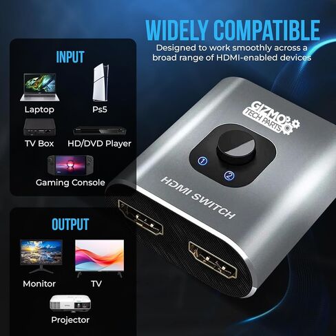 Switch HDMI 2 في 1 Out 4K@60Hz ، مربع مفتاح HDMI ثنائي الاتجاه - محدد محور الألومنيوم لـ PS5 Xbox Nintendo Switch PC Fire Stick Roku Apple TV لمراقبة/لا توجد طاقة مطلوبة ، 1 -button تبديل in Kuwait