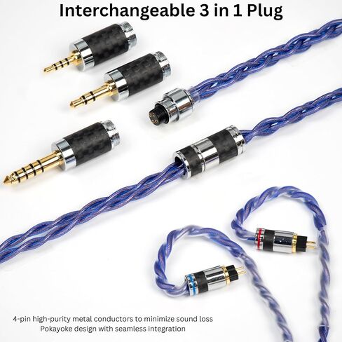 IEM Cable, Copper Silver Plated Earphone Upgraded Cords with 2+1 Plugs, 2.5mm,3.5mm,4.4mm Replaceable Plug, OCC 25AWG 1.25m In-Ear Monitor Cable for 7hz Zero Lite Cadenza Hype4 KZ (0.78mm 2Pin & MMCX) in Saudi Arabia