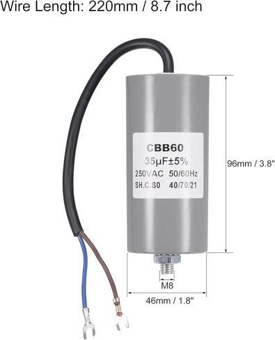 MECCANIXITY CBB60 Run Capacitor 30uF 250V AC 2 Wires 50/60Hz Cylinder 96x46mm with Terminal, M8 Fixing Stud for Air Compressor Water Pump Motor in Saudi Arabia