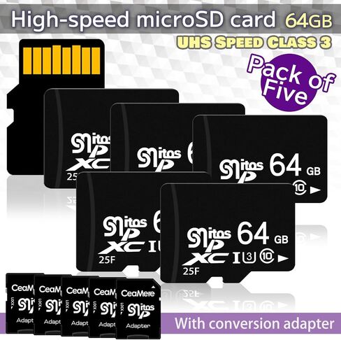 [5-Pack] 64GB microSD Cards with SD Adapters – U3 Class 10, High-Speed Memory for 4K Video, Mobile Devices, Action Cameras, Game Consoles, Drones in Saudi Arabia