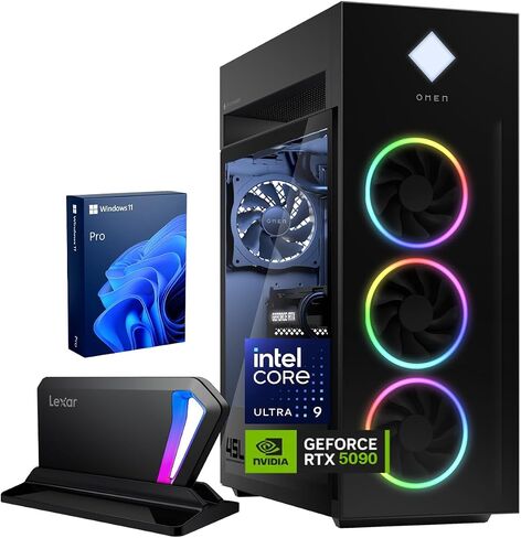 HP Omen 45L GT22 RTX 5090 Pro Gaming Desktop ، Intel Ultra 9 285K ، NVIDIA RTX 5090 ، 64GB DDR5 RAM ، 2TB SSD ، RGB Light Studio & Gaming HUB ، W11P ، Backdle with lexar SL660 512GB Portable SS in Saudi Arabia