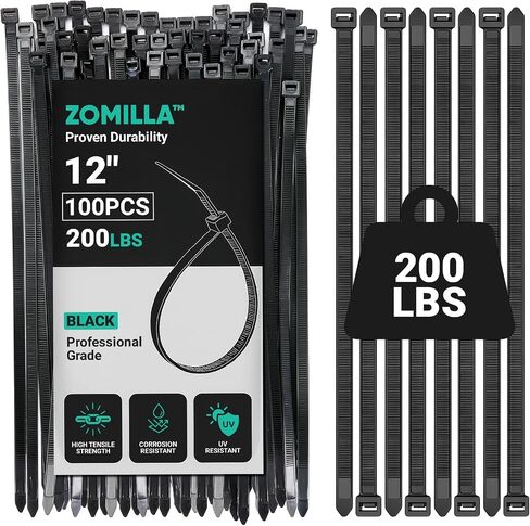 Zip Ties 12 Inch, Zomilla Cable Ties With 200 LBS Tensile Strength, 100 PCS Heavy Duty Zip Ties For Outdoor & Indoor Use, Extra Strong Self-Locking Zipties, UV Resistant Nylon Cable Tie - Black in Saudi Arabia