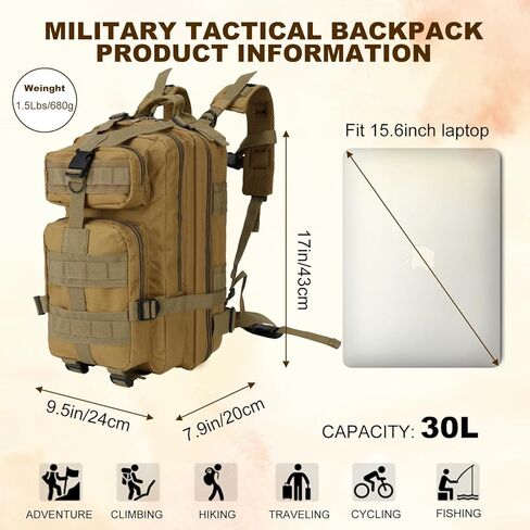 حقيبة ظهر تكتيكية للرجال العسكري الصغير Molle Backpack 30L Assault Pack Backpack for Hiking Camping Travel Fishing Outdoors (Black) in Kuwait