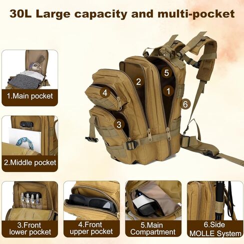 حقيبة ظهر تكتيكية للرجال العسكري الصغير Molle Backpack 30L Assault Pack Backpack for Hiking Camping Travel Fishing Outdoors (Black) in Kuwait