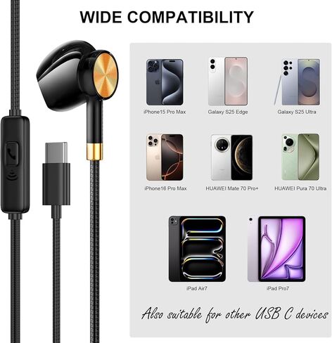 سماعات أذن سماعات رأس USB C - عزل ضوضاء سماعات USB C ، وبراعم الأذن من النوع C السلكي مع ميكروفون ثقيل باس متوافق مع الهواتف والأندرويد والواجهات الأخرى (النوع C) in Kuwait