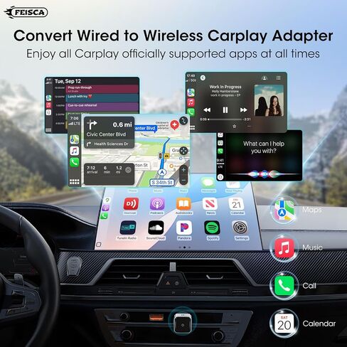 Wireless Carplay Adapter for iPhone, Convert Wired to Apple Carplay Wireless Adapter, Mini Size, Plug and Play, Connection Stable No Delay Car Play for Honda Special Models in Kuwait