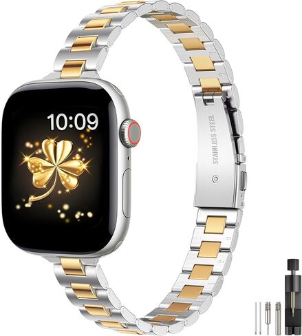 WFEAGL Slim Metal Watch Band Compatible with Apple Watch 38mm 40mm 41mm 42mm(Series 10), Dressy Stainless Steel Strap for Women iWatch Bands Series10/9/8/7/6/5/4/3/2/1/SE (Silver+Gold) in Kuwait