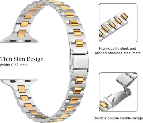 WFEAGL Slim Metal Watch Band Compatible with Apple Watch 38mm 40mm 41mm 42mm(Series 10), Dressy Stainless Steel Strap for Women iWatch Bands Series10/9/8/7/6/5/4/3/2/1/SE (Silver+Gold) in Kuwait