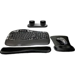 Logitech MK670 Comfort Wave Wireless Keyboard & Mouse Combo Travel Home Office Bundle with Set of 2 Pro Portable Wireless Bluetooth Speakers, Charging Tray, Gel Wrist Pad & Gel Mouse Pad in Saudi Arabia