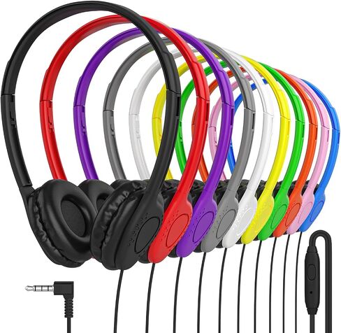 Maeline Bulk Headphones with Microphone, 10 Pack Multicolor Wired On-Ear Headsets – 3.5mm Jack, Leatherette Cushions, Adjustable Headband – for Classrooms, Libraries, Remote Learning, Office in Kuwait