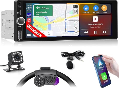 6.86" Wireless Carplay Car Stereo Single Din Touchscreen Radio Android Auto Mirror Link Bluetooth 5.0 FM RDS EQ SWC Backup Camera Car Audio Receiver USB Type C Fast Charge MIC in Saudi Arabia