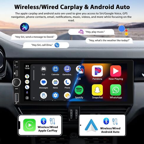 6.86" Wireless Carplay Car Stereo Single Din Touchscreen Radio Android Auto Mirror Link Bluetooth 5.0 FM RDS EQ SWC Backup Camera Car Audio Receiver USB Type C Fast Charge MIC in Saudi Arabia