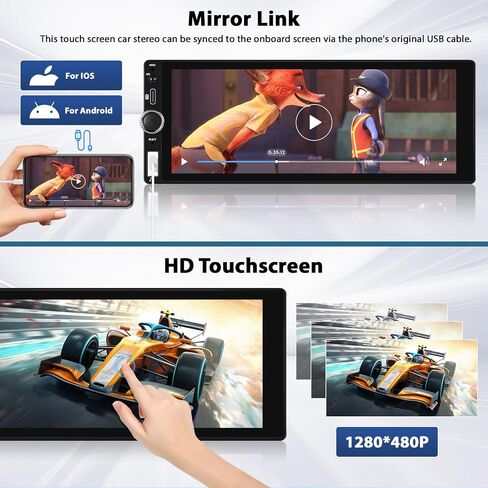 6.86" Wireless Carplay Car Stereo Single Din Touchscreen Radio Android Auto Mirror Link Bluetooth 5.0 FM RDS EQ SWC Backup Camera Car Audio Receiver USB Type C Fast Charge MIC in Saudi Arabia