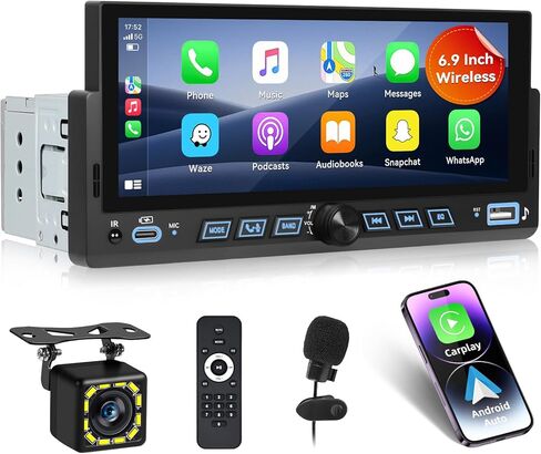 6.9 '' Stereo stereo سيارة DIN واحدة مع Apple Carplay Android Auto ، 1din اللمسات التي تعمل باللمس مع Bluetooth ، وحدة راديو ما بعد البيع ، Type-C للشحن السريع/USB مع كاميرا احتياطية FM EQ MIC in Saudi Arabia