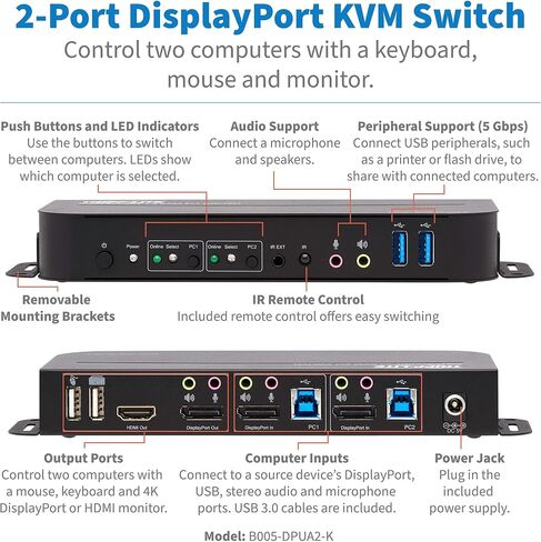 Tripp Lite 2 Port Displayport USB KVM Switch ، منفذ DP DP USB KVM Switch ، 4K 60 Hz ، HDR ، HDCP 2.2 ، DP 1.4 ، USB 3.0 Cables ، Black (B005-DPUA2-K) in Saudi Arabia