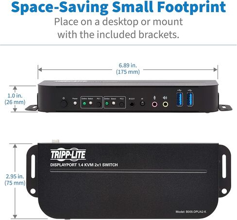 Tripp Lite 2 Port Displayport USB KVM Switch ، منفذ DP DP USB KVM Switch ، 4K 60 Hz ، HDR ، HDCP 2.2 ، DP 1.4 ، USB 3.0 Cables ، Black (B005-DPUA2-K) in Saudi Arabia
