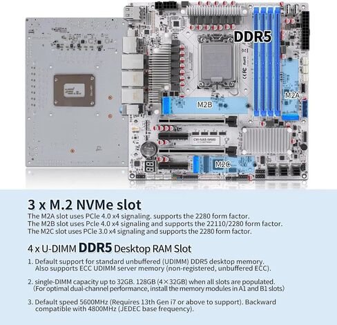 W680 Micro ATX Mainboard LGA1700 ، 12 Bay NAS Motherboard ، 4 X ECC UDIMM DDR5 ، Barebone ، 3 LAN (VPRO 2.5GB + 10GB + 2.5GB) ، 3 X M.2 NVME SLOT ، 2 X PCIE X16 in Kuwait