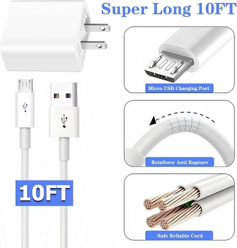 USB A إلى Micro USB Cable 10ft USB كتلة شحن 5V 2A محول الطاقة متوافق مع Tab Samsung Galaxy Tab A ، E ، S ، S2 ، 3 ، 4 ، 7.0 "8.4" 8.4 "9.6" 9.7 "10.1" in Kuwait