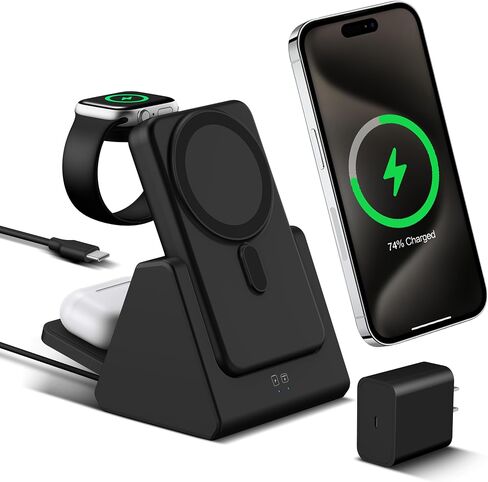 محطة شحن لاسلكية 3-in-1: شاحن بنك الطاقة 10000mah المتطابق مع iPhone 16/15/14/13/12 و Apple Watch-حامل شحن مغناطيسي قابل للفصل الأسود in Kuwait