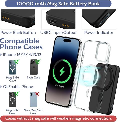 محطة شحن لاسلكية 3-in-1: شاحن بنك الطاقة 10000mah المتطابق مع iPhone 16/15/14/13/12 و Apple Watch-حامل شحن مغناطيسي قابل للفصل الأسود in Kuwait