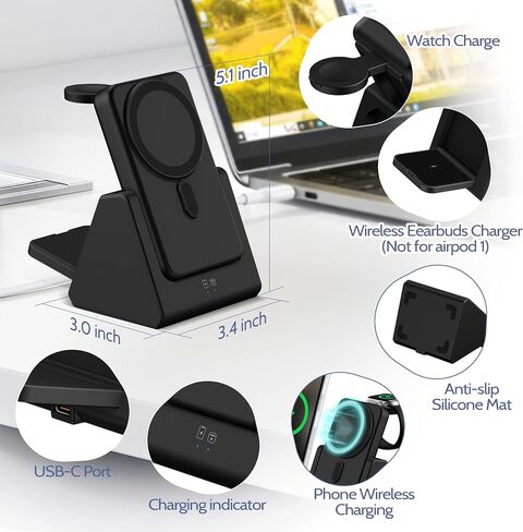 محطة شحن لاسلكية 3-in-1: شاحن بنك الطاقة 10000mah المتطابق مع iPhone 16/15/14/13/12 و Apple Watch-حامل شحن مغناطيسي قابل للفصل الأسود in Kuwait