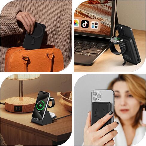 محطة شحن لاسلكية 3-in-1: شاحن بنك الطاقة 10000mah المتطابق مع iPhone 16/15/14/13/12 و Apple Watch-حامل شحن مغناطيسي قابل للفصل الأسود in Kuwait