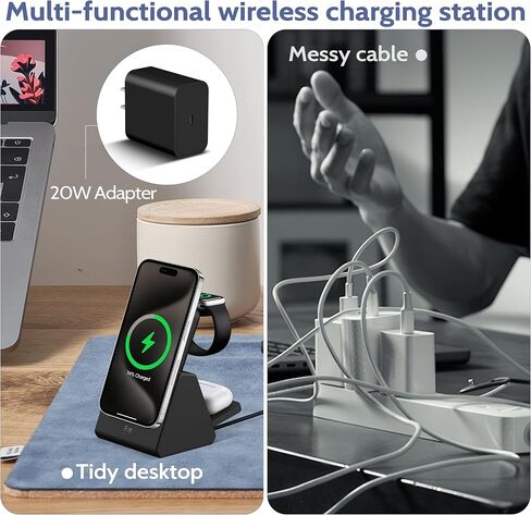 محطة شحن لاسلكية 3-in-1: شاحن بنك الطاقة 10000mah المتطابق مع iPhone 16/15/14/13/12 و Apple Watch-حامل شحن مغناطيسي قابل للفصل الأسود in Kuwait