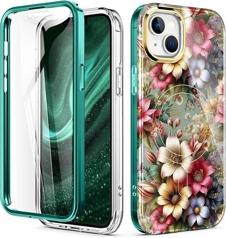 لجهاز iPhone 14/13 Case 6.1 ، [مع واقي الشاشة] [متوافق مع MAG-Safe] مقاومة للصدمات خفيفة الوزن ثنائية الطبقة الكاملة للنساء والبنات ، الزهور العتيقة in Saudi Arabia