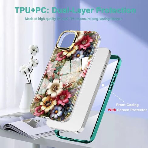 لجهاز iPhone 14/13 Case 6.1 ، [مع واقي الشاشة] [متوافق مع MAG-Safe] مقاومة للصدمات خفيفة الوزن ثنائية الطبقة الكاملة للنساء والبنات ، الزهور العتيقة in Saudi Arabia