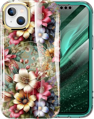 لجهاز iPhone 14/13 Case 6.1 ، [مع واقي الشاشة] [متوافق مع MAG-Safe] مقاومة للصدمات خفيفة الوزن ثنائية الطبقة الكاملة للنساء والبنات ، الزهور العتيقة in Saudi Arabia