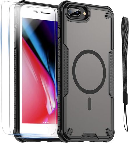 for iPhone 7/8 Plus Case with Magsafe Magnetic Slim Shockproof Protective Case,Translucent Matte Back with Lanyard Strap and 2 * 9H Tempered Glass Screen Protector Phone Cover 5.5-inch-Black in Saudi Arabia