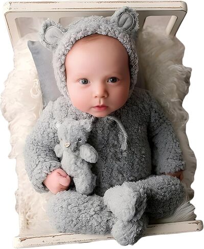 Knitted Footed Romper and Bonnet for Newborn Photography, Newborn Bear Outfit for Photoshoot Overalls Baby Photo Props in Kuwait