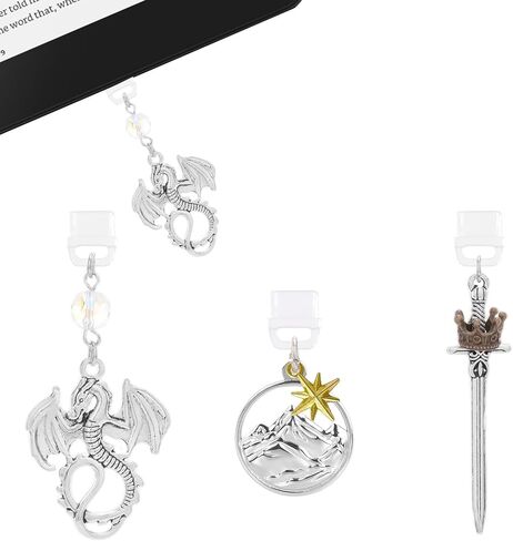 Dust Plug Charms for Kindle - 3Pcs Vintage Silver Dragon Sword Pendants, Type-C USB Port Covers for Phone & Tablet, Bookish Fantasy Gifts for E-Reader Book Lovers in Saudi Arabia