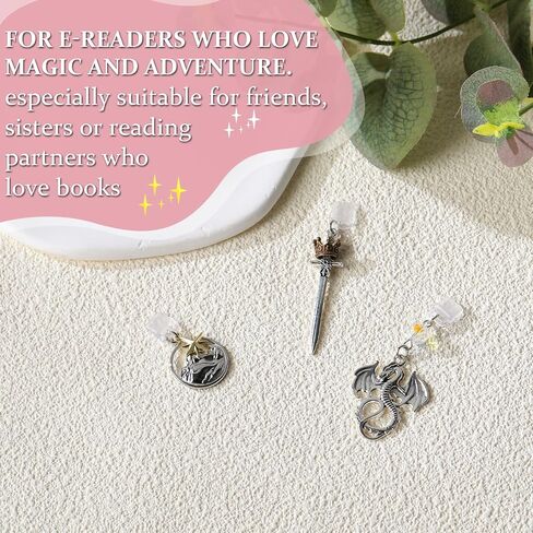 Dust Plug Charms for Kindle - 3Pcs Vintage Silver Dragon Sword Pendants, Type-C USB Port Covers for Phone & Tablet, Bookish Fantasy Gifts for E-Reader Book Lovers in Saudi Arabia