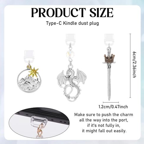 Dust Plug Charms for Kindle - 3Pcs Vintage Silver Dragon Sword Pendants, Type-C USB Port Covers for Phone & Tablet, Bookish Fantasy Gifts for E-Reader Book Lovers in Saudi Arabia