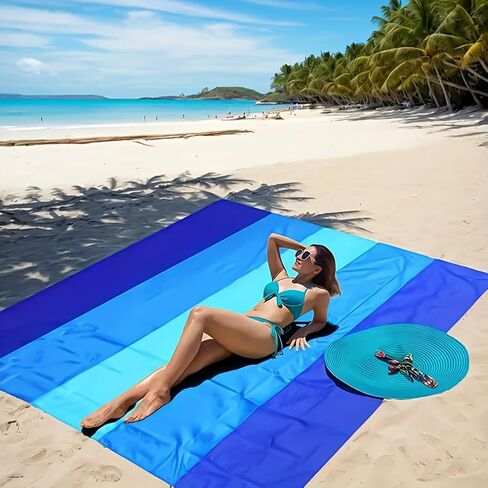Beach Blanket, Extra Large Sandproof Waterproof Picnic Blanket, Lightweight, Compact, Ideal for Hiking, Camping(Gradient 35 Layers of blu- 79" X 83") in Saudi Arabia