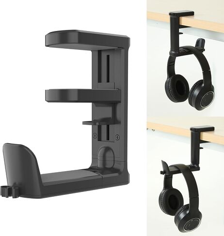 PC Gaming Headset Holder, Upgraded Headphone Stand for Desk,Adjustable Clamp-on Under Desk Hanger, Rotating Headphone Stand & Cable Clip Organizer (Black) in Saudi Arabia