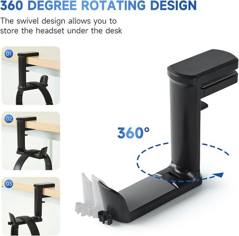 PC Gaming Headset Holder, Upgraded Headphone Stand for Desk,Adjustable Clamp-on Under Desk Hanger, Rotating Headphone Stand & Cable Clip Organizer (Black) in Saudi Arabia