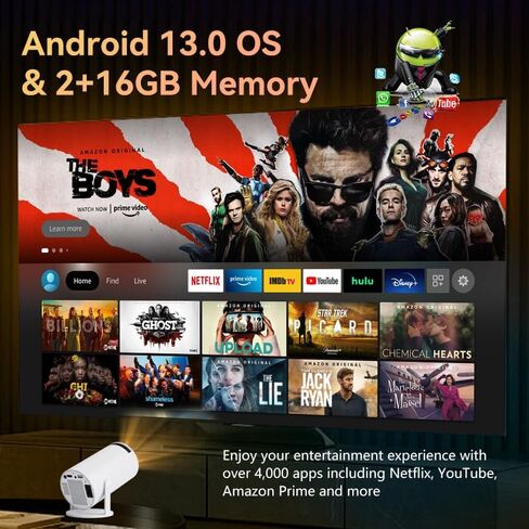 Mini Projector, 4K 1080P Support Video Projector,Portable Projctor with Dual Band WIFI6 Bluetooth 5.2 180° Rotatable, Android 13.0 Auto Keystone Correction 150" Screen Movie Projector in Saudi Arabia