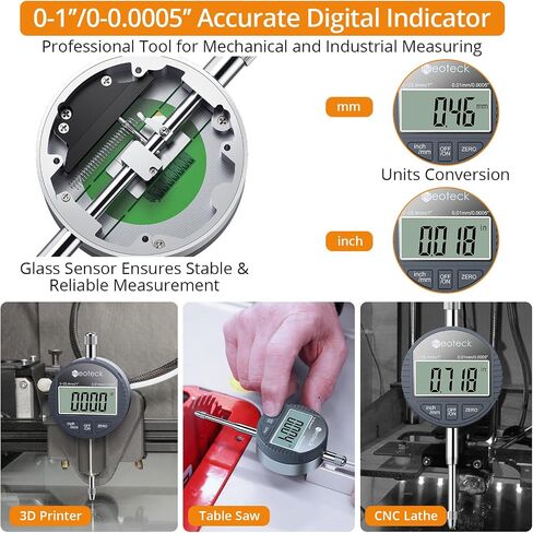 Neoteck 1"/25.4mm (0.0005"/0.01mm) Digital Indicator Set Dial Indicator and Magnetic Base Set with Storage Case, Ideal for 3D Printer Lathe Workshop CNC Machine Table Saw-90lbs(40kg) Max Pull in Saudi Arabia