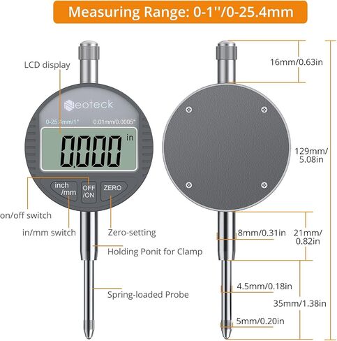 Neoteck 1"/25.4mm (0.0005"/0.01mm) Digital Indicator Set Dial Indicator and Magnetic Base Set with Storage Case, Ideal for 3D Printer Lathe Workshop CNC Machine Table Saw-90lbs(40kg) Max Pull in Saudi Arabia