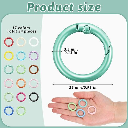 34 PCS Spring Spring O Rings Metal Carabiner Clip Round Carabiner Snap Buckle 1in / 25mm Spring Keyring لحقيبة يد مفاتيح المفاتيح (17 لونًا) in Kuwait