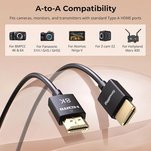 SmallRig 8k HDMI 2.1 كابل 100 سم/3.3 قدم (من أ) ، سلك/كبل رفيع للغاية ، يدعم 8K@60Hz/4K@120Hz ، Ethernet ، ARC Type -A Male to Male for Camera ، Monitor ، Gimbal - 5086 in Saudi Arabia