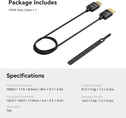 SmallRig 8k HDMI 2.1 كابل 100 سم/3.3 قدم (من أ) ، سلك/كبل رفيع للغاية ، يدعم 8K@60Hz/4K@120Hz ، Ethernet ، ARC Type -A Male to Male for Camera ، Monitor ، Gimbal - 5086 in Saudi Arabia