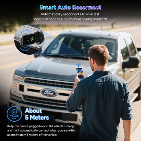 محول CarPlay اللاسلكي لـ iPhone 2025 ترقية سلكية إلى اللاسلكي ، لا يوجد زمن وصول ، قابس ومحول Bluetooth للسيارة ، اتصال متعدد الفائق السلس مع WiFi 6 & BT 5.3 سهل الاستخدام in Saudi Arabia
